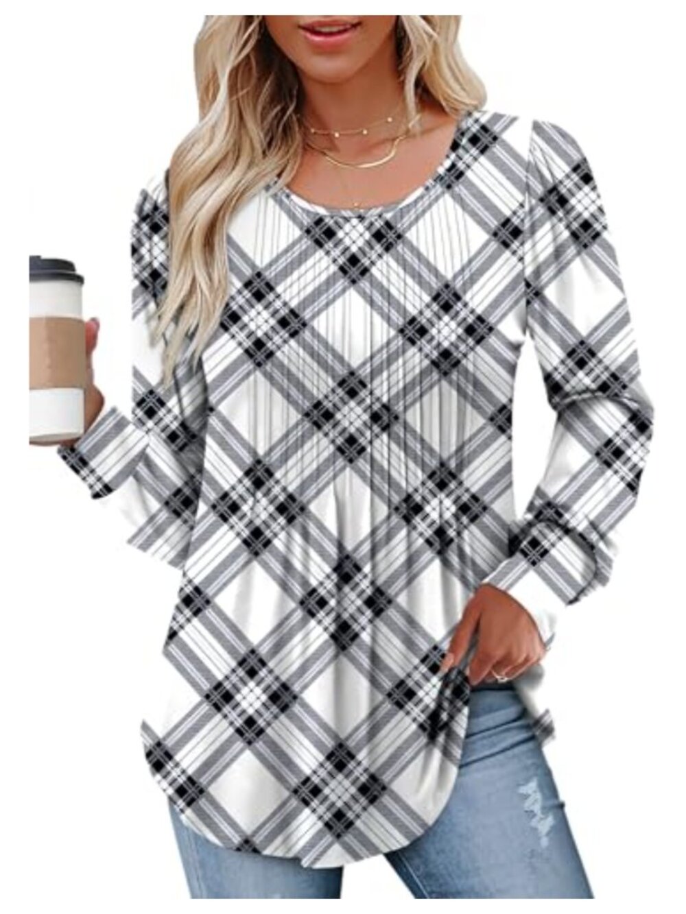Women's Puff Sleeve Tunic Top Pleated Crew Neck Loose Casual T-Shirt